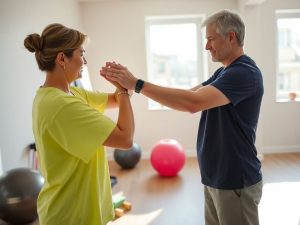 Pacient efectuează exerciții de reabilitare asistat de fizioterapeut.