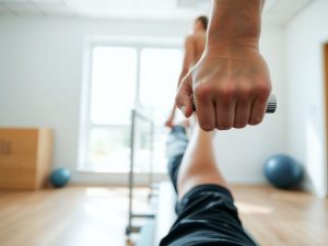 Persoană în terapie fizică, exerciții de recuperare, mobilitate.