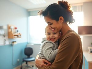 Părinți zâmbind cu un copil fericit la medic.