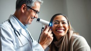 Doctor examinează urechea pacientului cu otoscop.