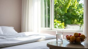 Camera liniștită cu pat, fructe și apă.