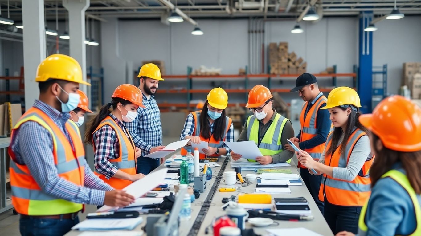 Angajați respectând normele de medicină a muncii în siguranță.