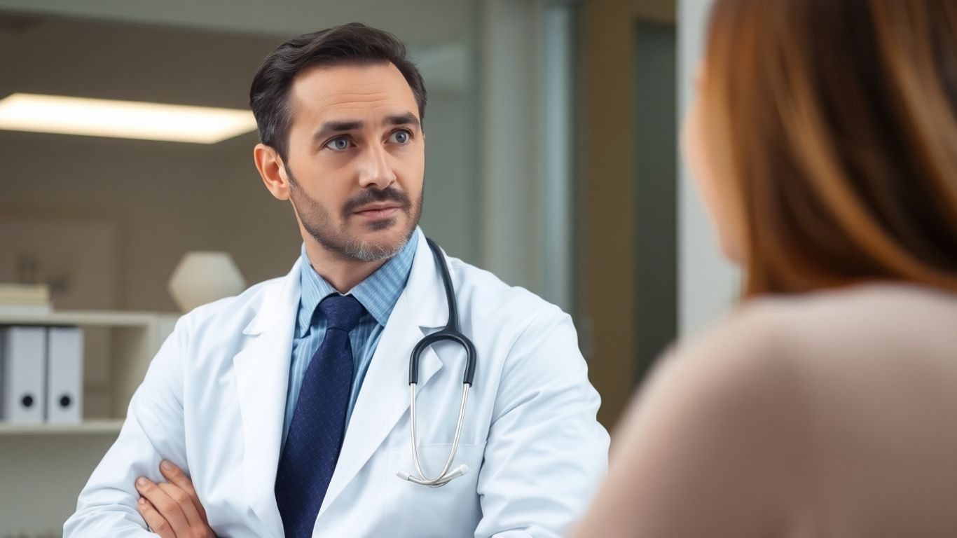 Medic ascultând cu atenție un pacient în cabinet.