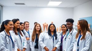 Studenți MedicPlus învățând împreună într-o sală modernă