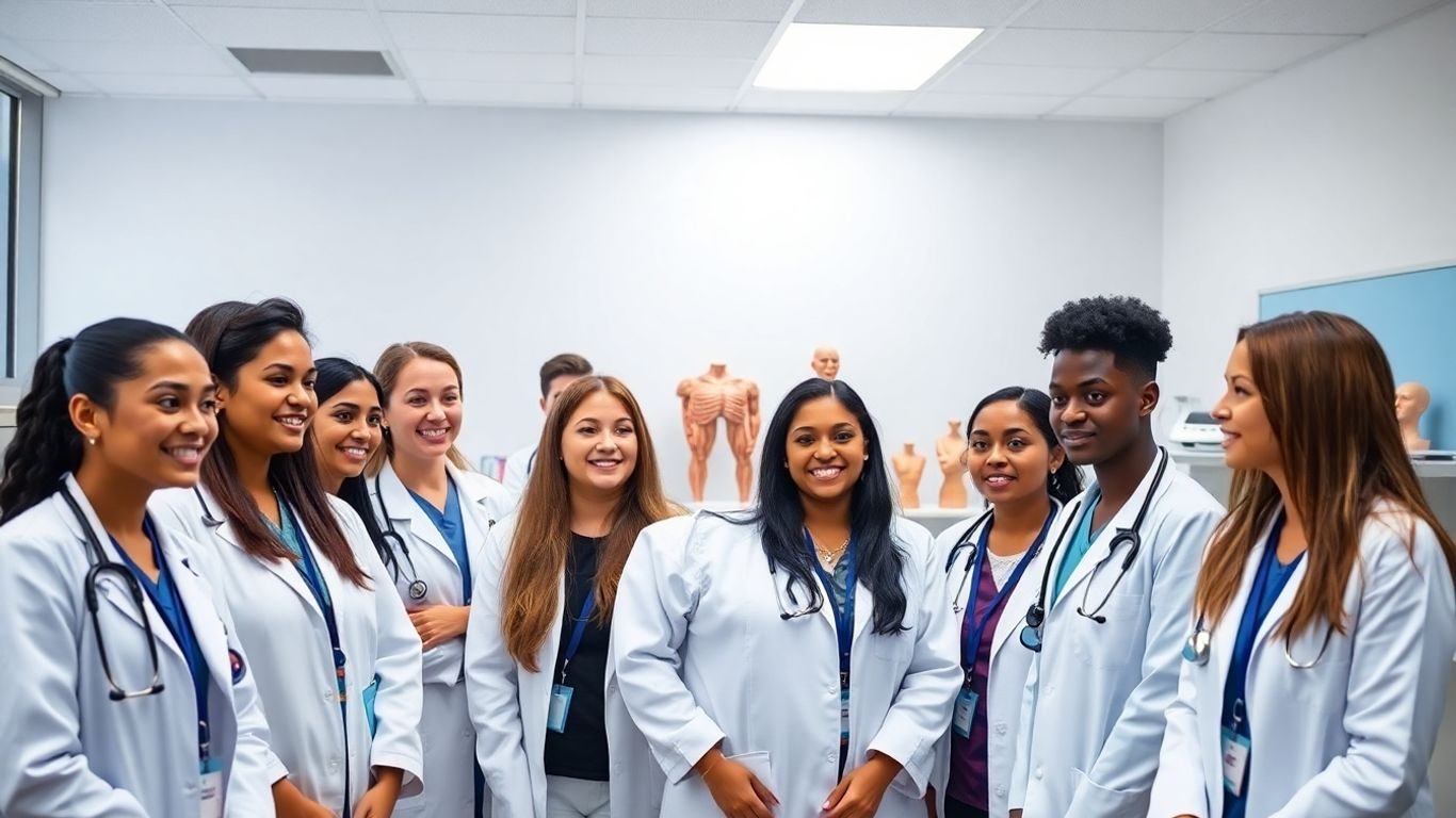 Studenți MedicPlus învățând împreună într-o sală modernă